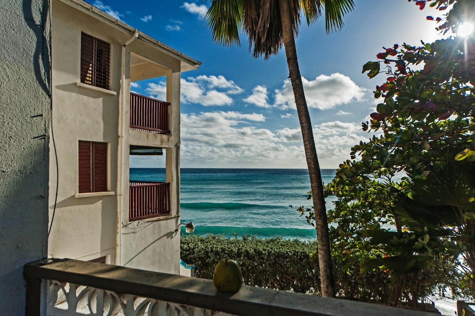 View of palm trees and the sea from a balcony in Barbados